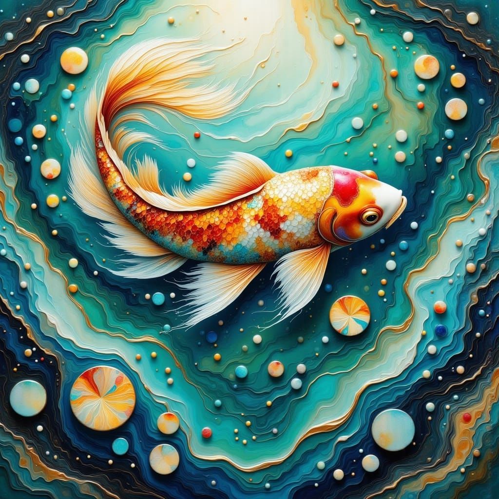 Radiant Koi in Luminous Pond: Fluid Art