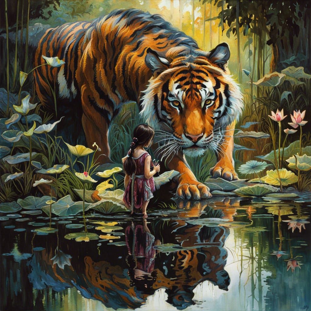 Tiger Gazing at Reflection in Lotus Pond