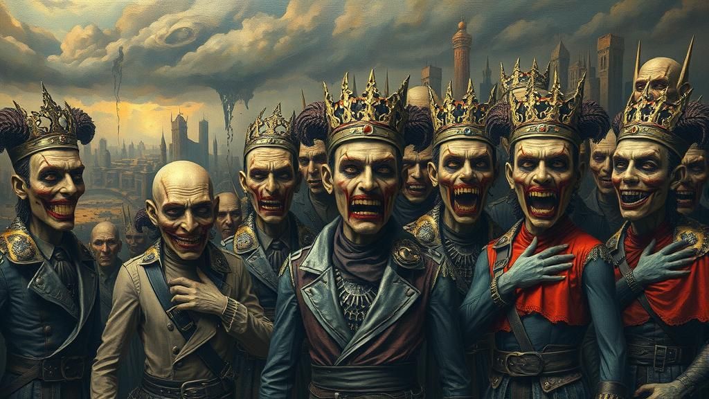 Apocalyptic Gathering in Surreal Oil-Slicked Landscape