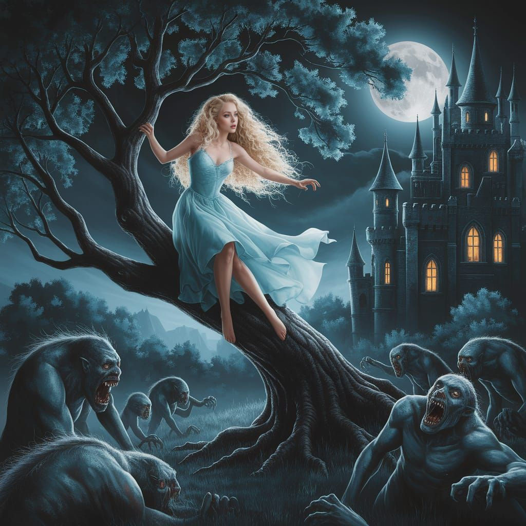 Terrified Blonde in Forest of Beasts