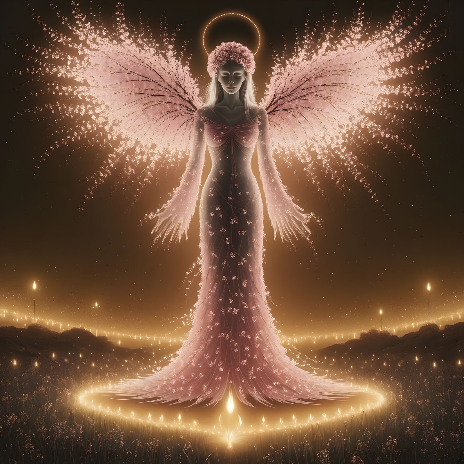 Ethereal Angel of Death in Delicate Cherry Blossom Glory