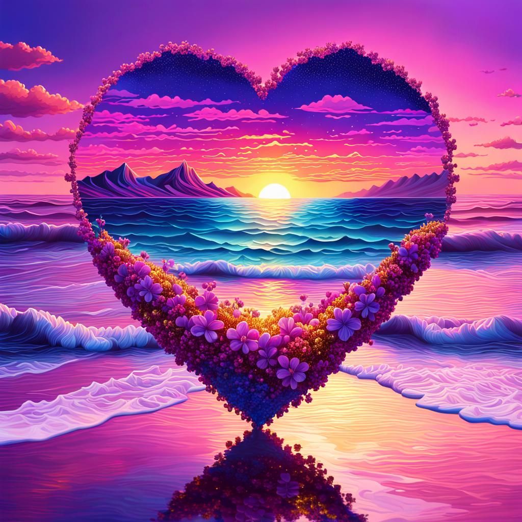 Synthwave Heartscape at Sunset: Digital Pixelated Art