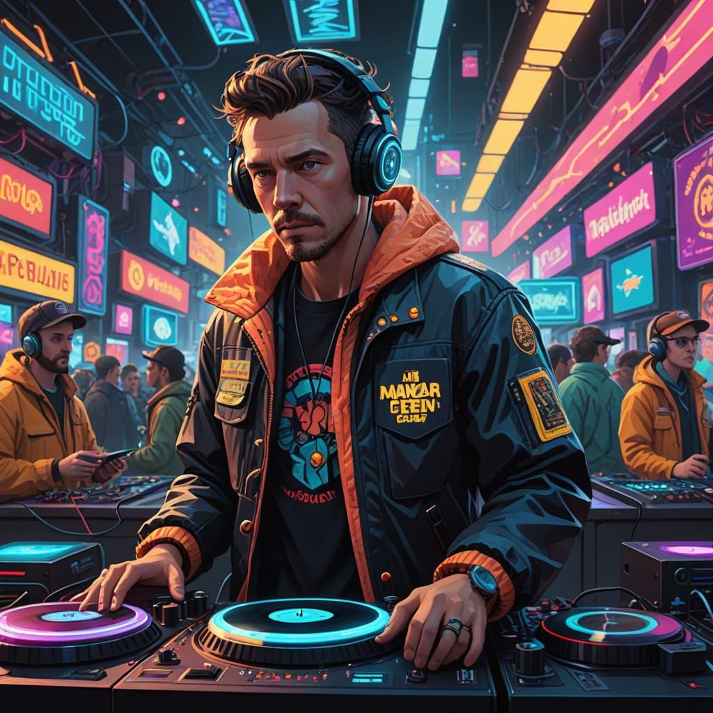 Retro-Futuristic Pixel DJ in Neon-Lit Festival