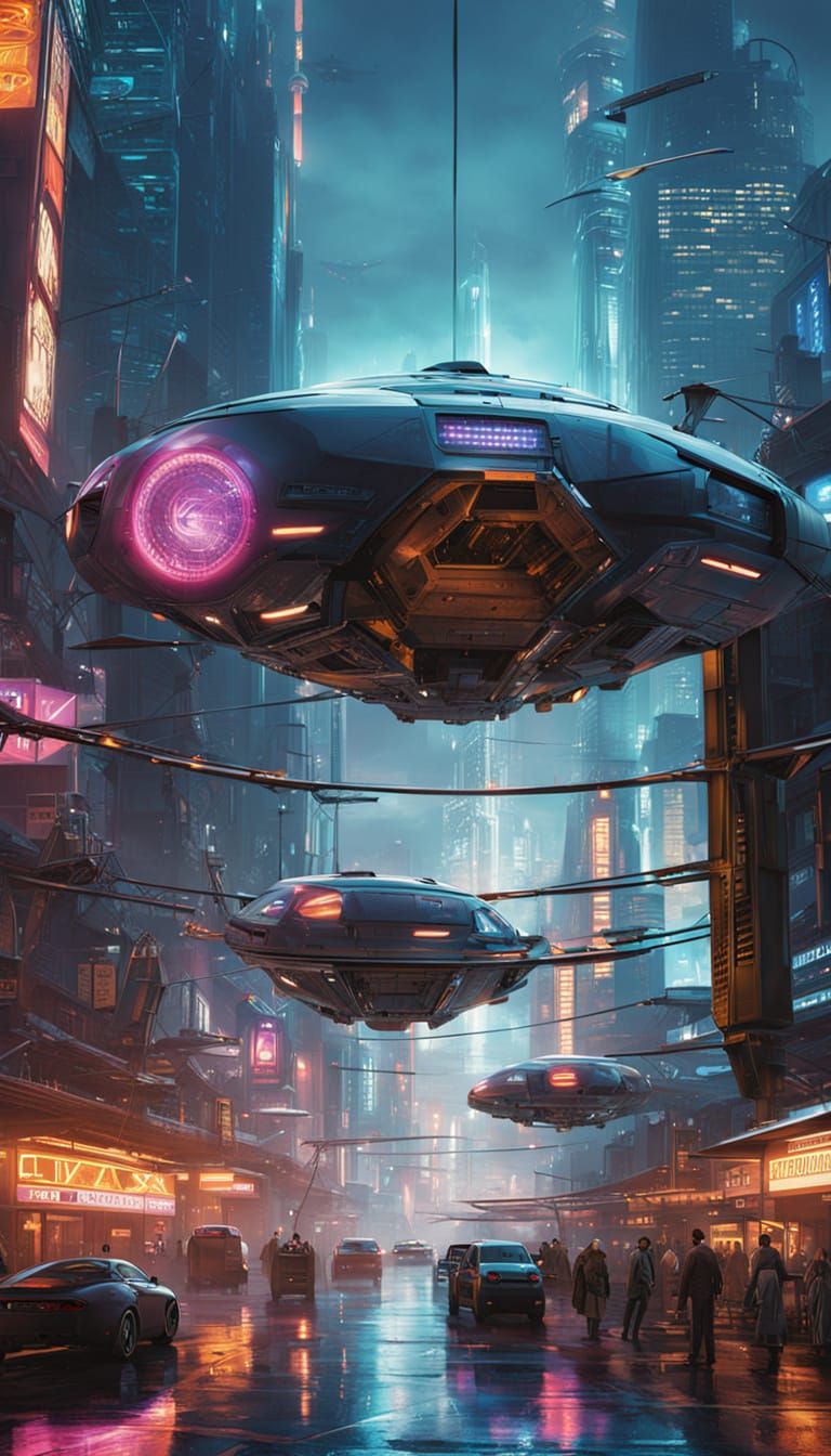 Cyberpunk Cityscape at Twilight with Flying Vehicles
