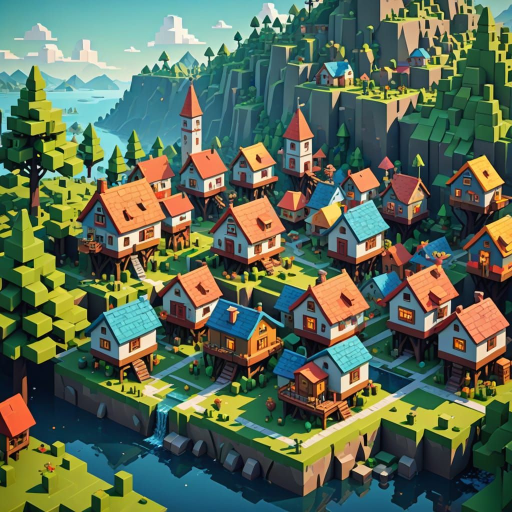 Vibrant Fantasy Village in Low-Poly Style