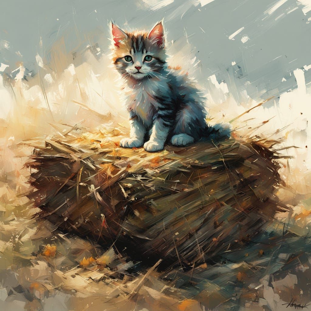 FLUFFY KITTEN ON HAY BALE