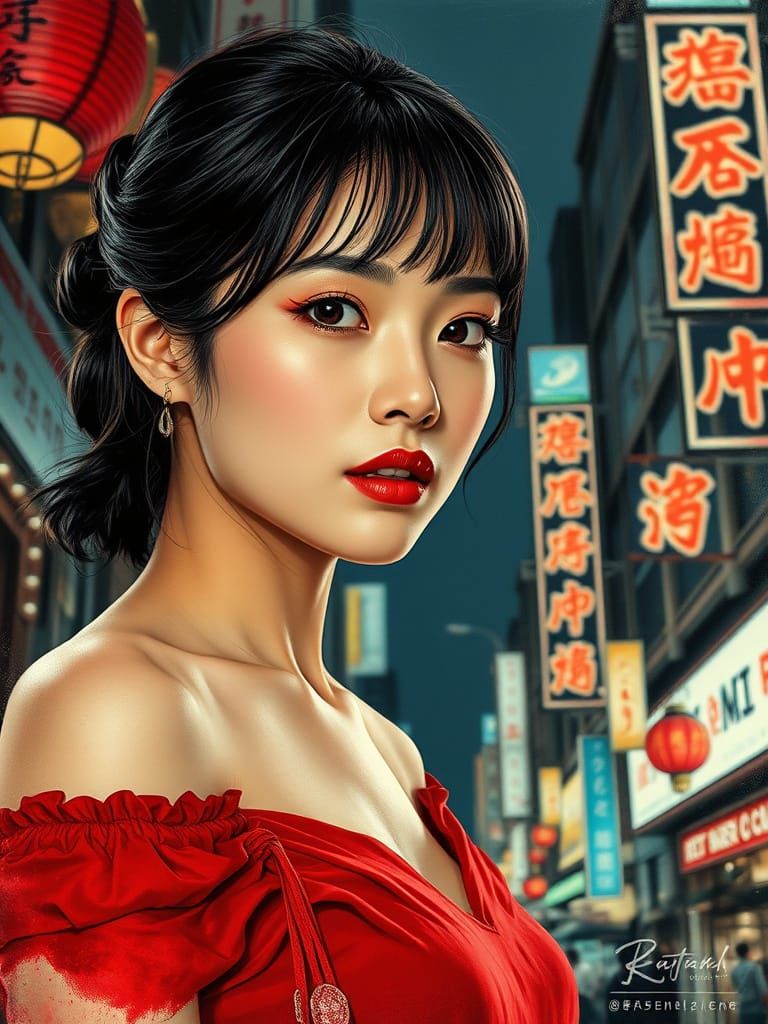 Photorealistic Double Exposure Portrait of an Asian Woman in...