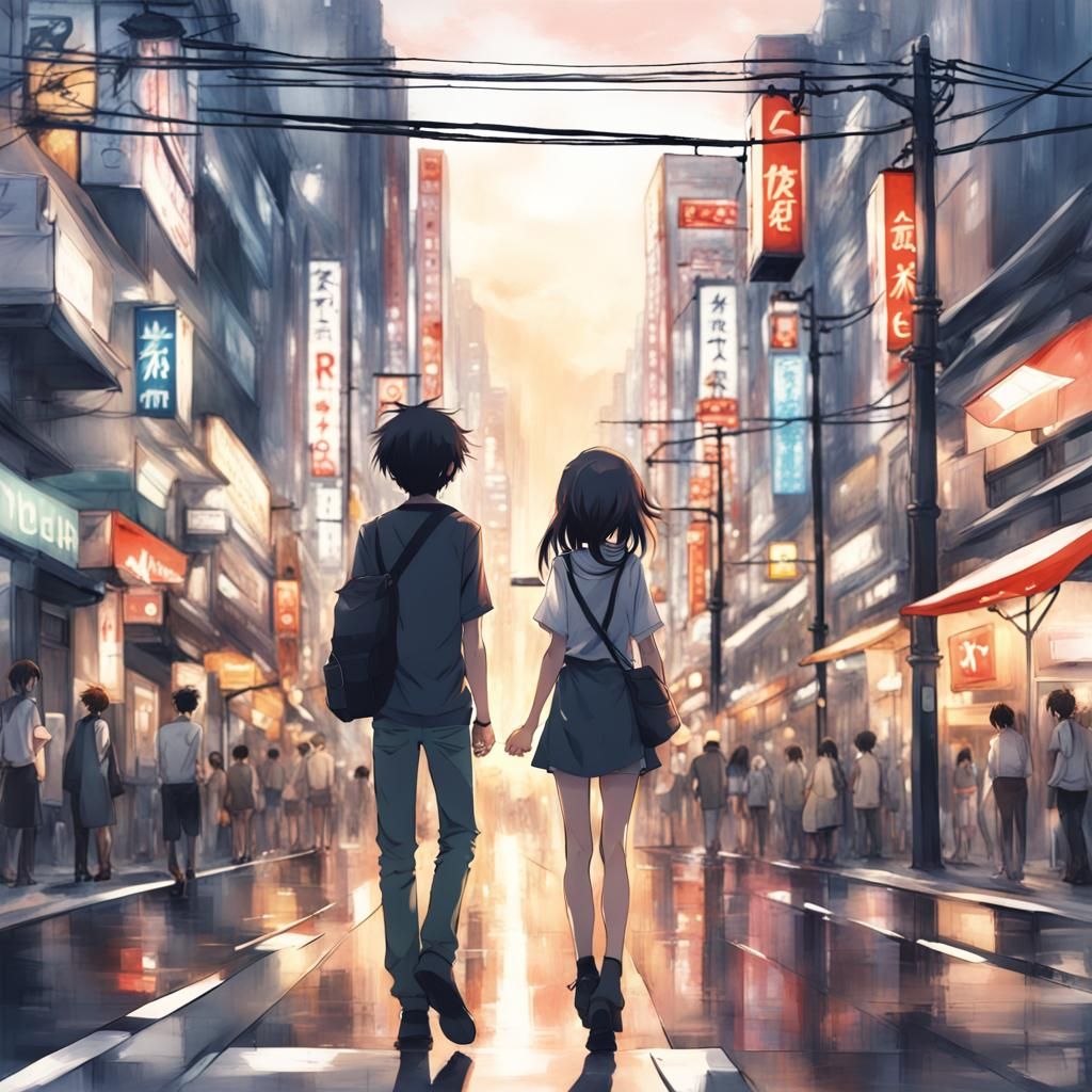 Anime Couple in Tokyo Cityscape: Manga Art