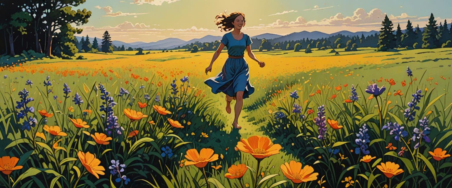 Girl Chasing Butterflies on a Bright Spring Day in Comic Sty...