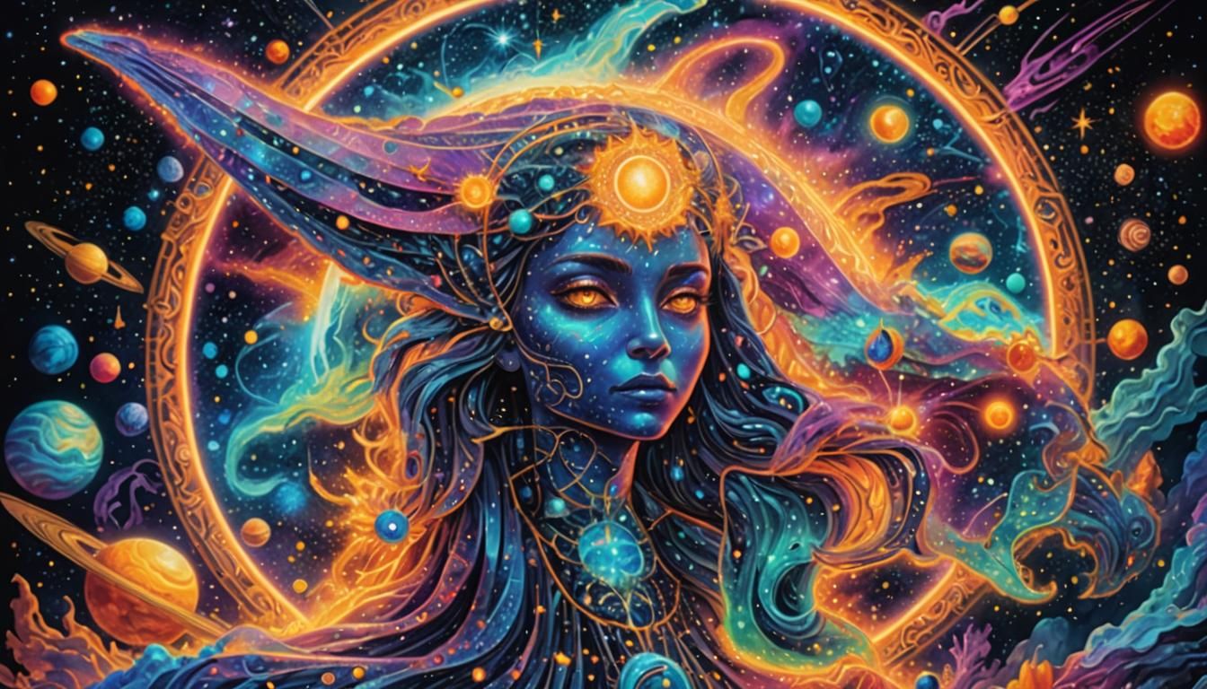 Holographic Astral Cosmic Illustration in Mixed Media