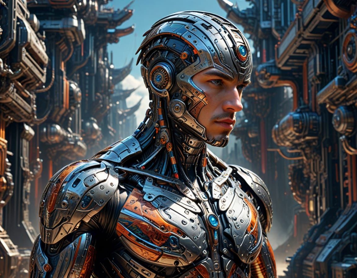 Futuristic Cyborg Man in Maximalist Detail
