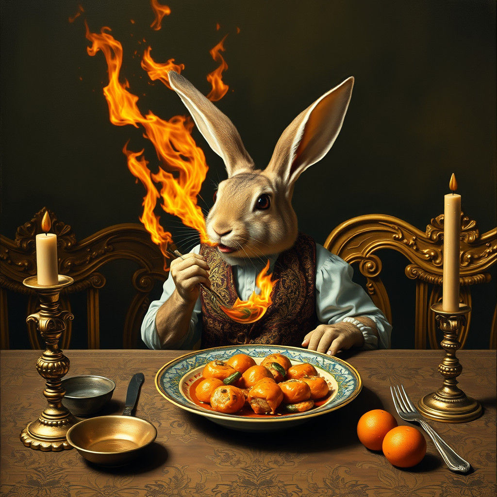 Fiery Feast: Rabbit Devours Fire Dolma in Surreal Still Life
