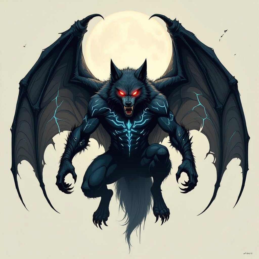 Menacing Werewolf-Bat Hybrid with Glowing Glyphs