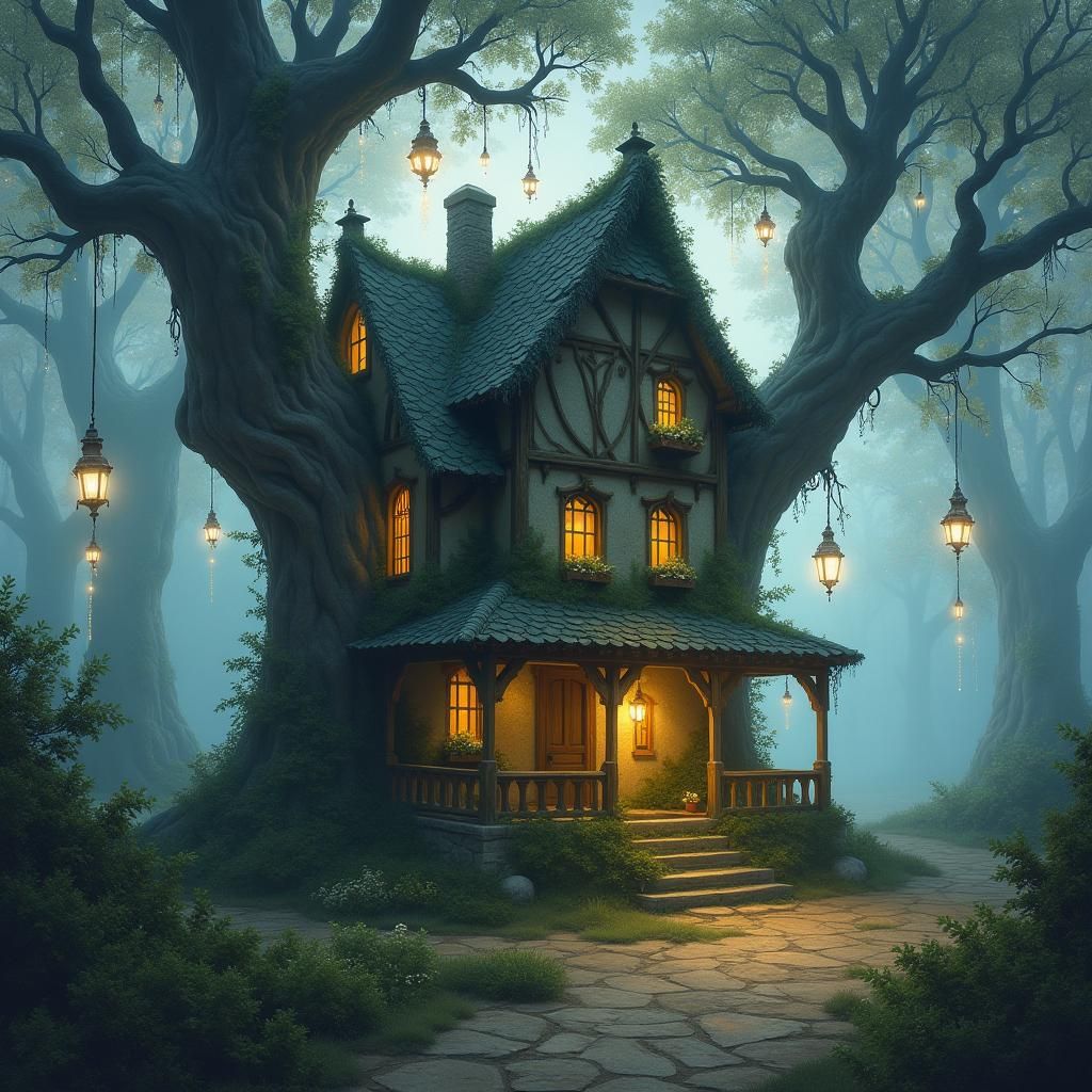 Enchanted House Among Ancient Trees in Dreamy Light