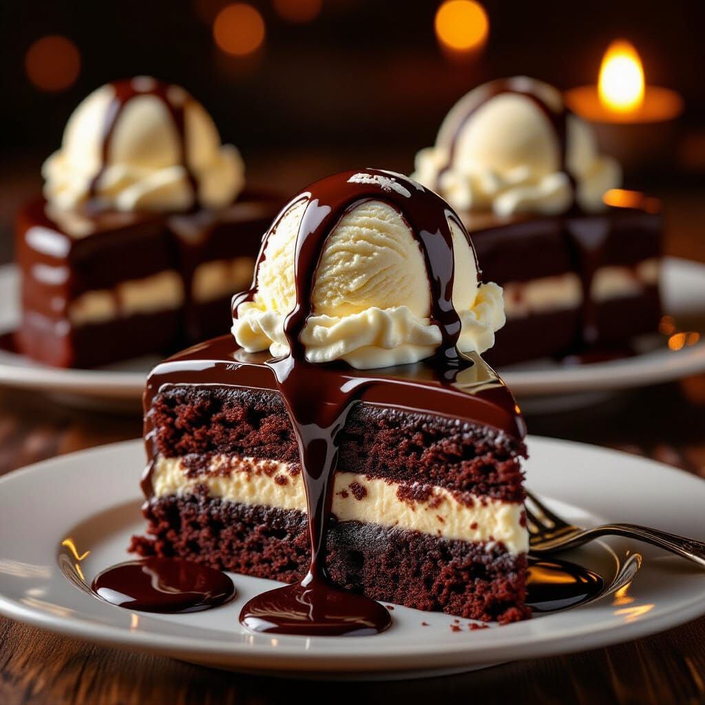 Decadent Chocolate Cake with Ice Cream and Glossy Sauce