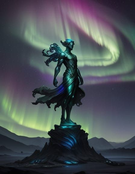 Cosmic Labradorite Statue with Aurora Face in Digital Painti...