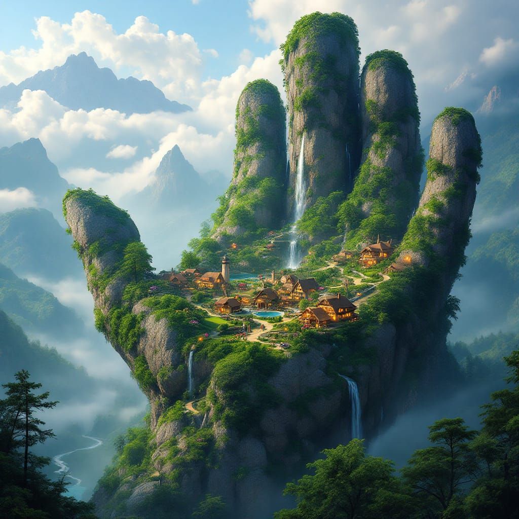 Giant Mountain Hand Village Serene Landscape