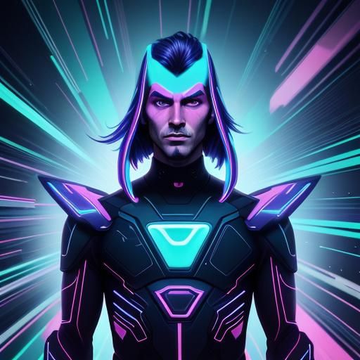 Neon Man with Rainbow Leopard Print in Synthwave Style