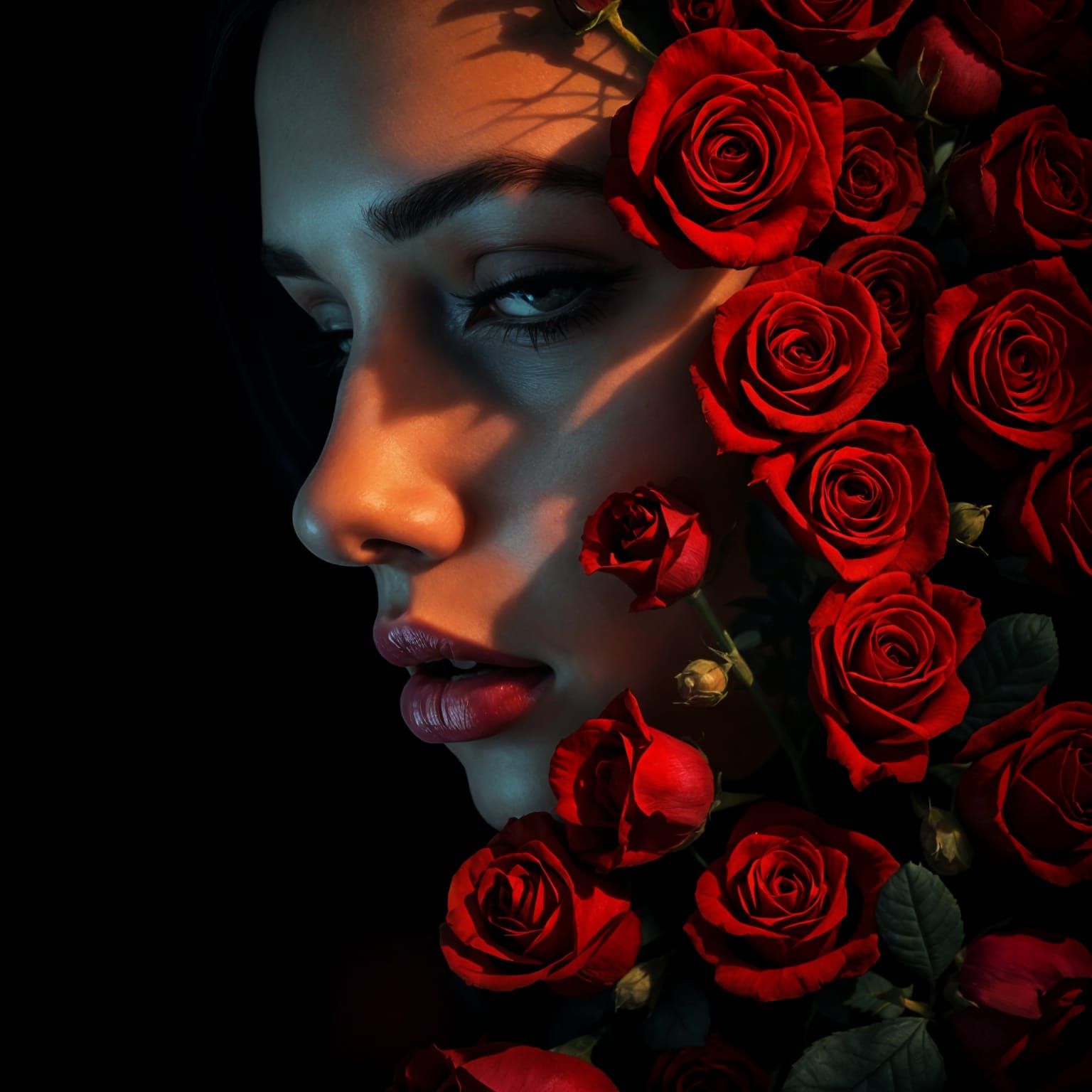 Hyperrealistic Portrait of a Woman with a Blood-Red Rose