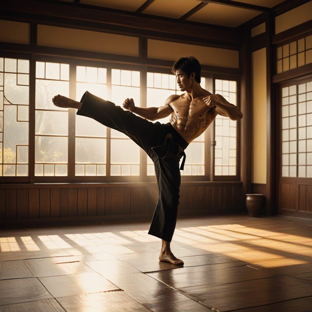 Dynamic Martial Arts Kick in Golden Light