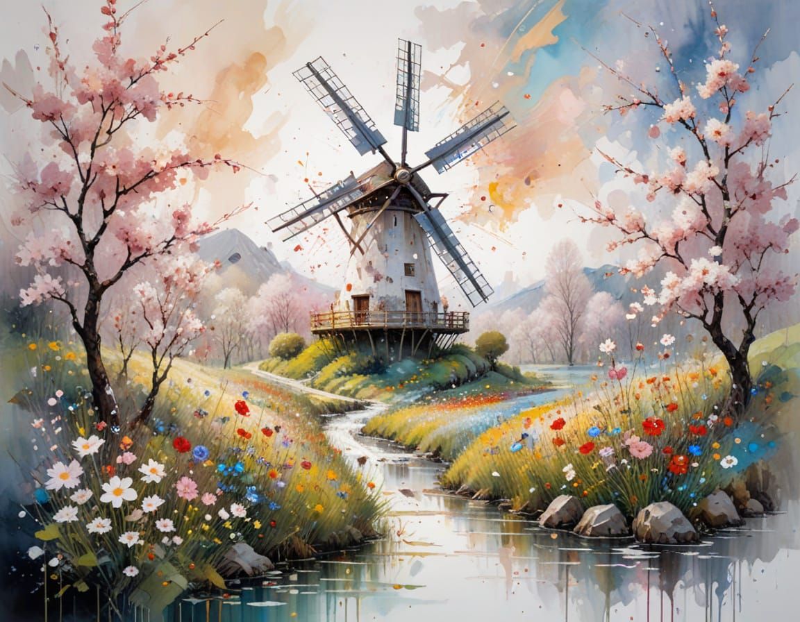 Summer Meadow with Wildflowers and Windmill in Watercolour