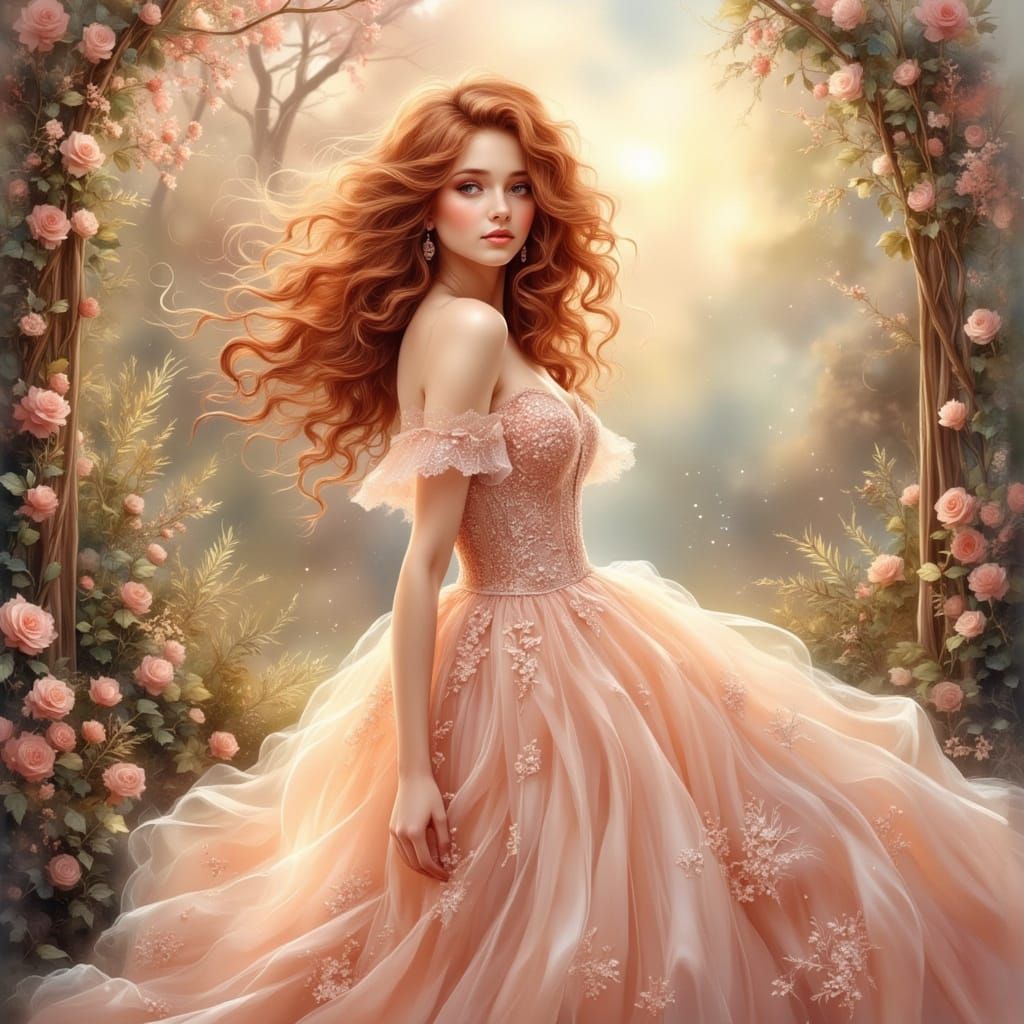 Elegant Redhead in Garden, Anime Style