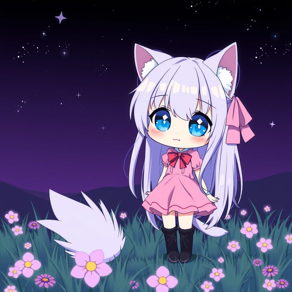 Cute Anime Catgirl Under the Starry Night Sky