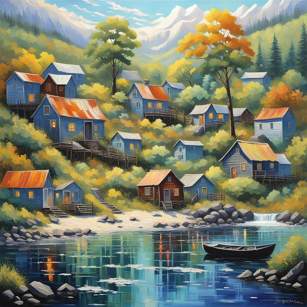 Fantasy Fishing Village in Charcoal with Palette Knife