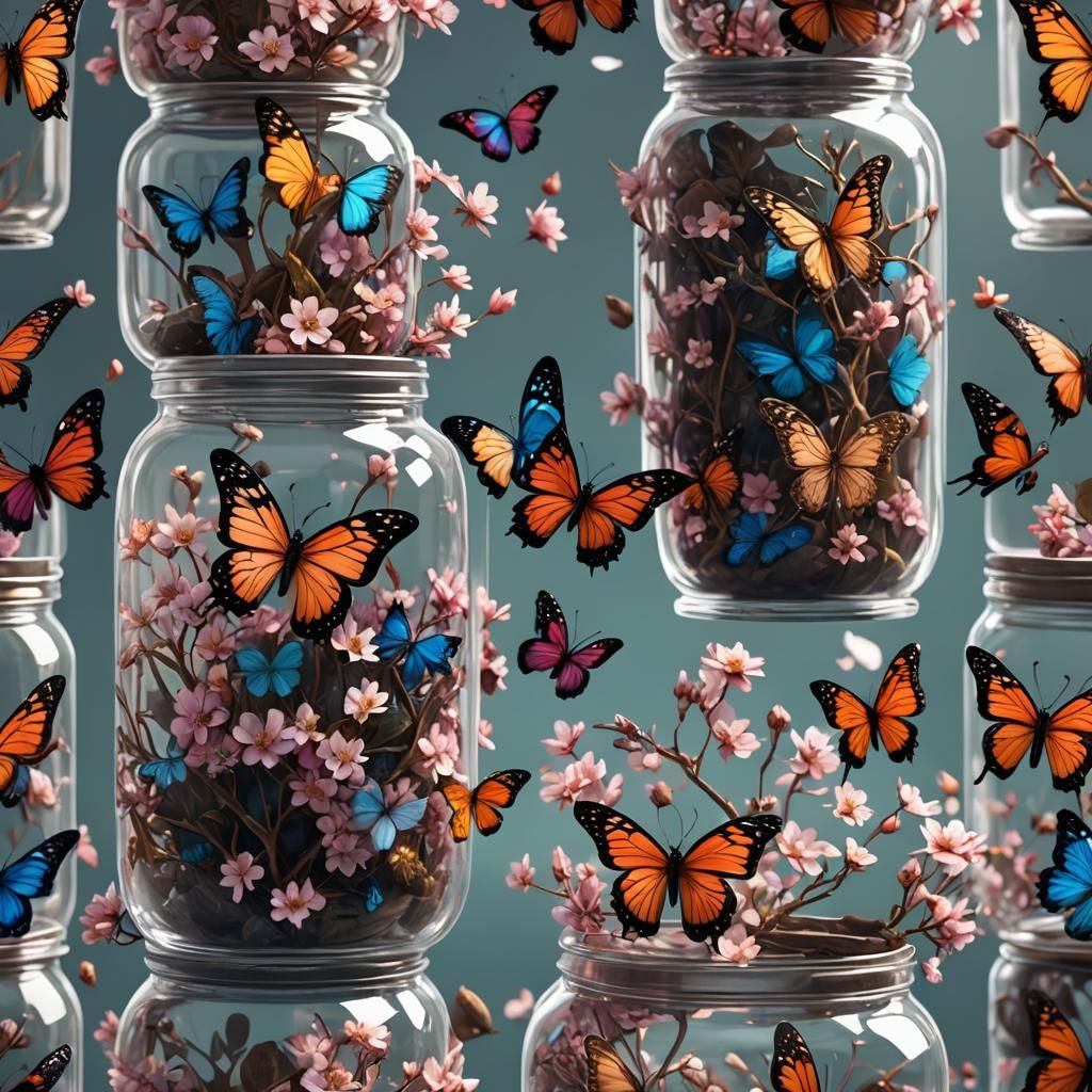 Blossoms in Butterfly Jar: Detailed Fantasy Art