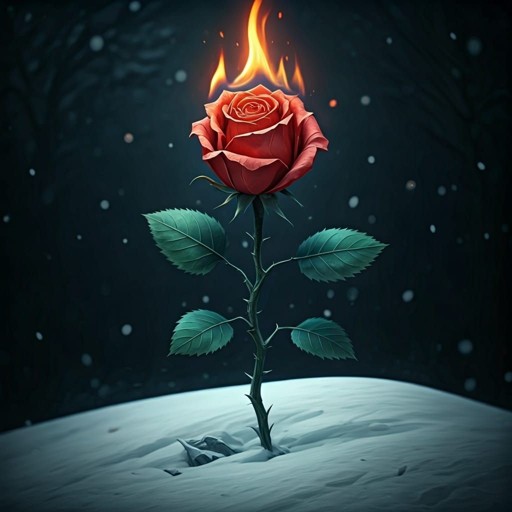 Fiery Origami Rose Ablaze in Winter Snow