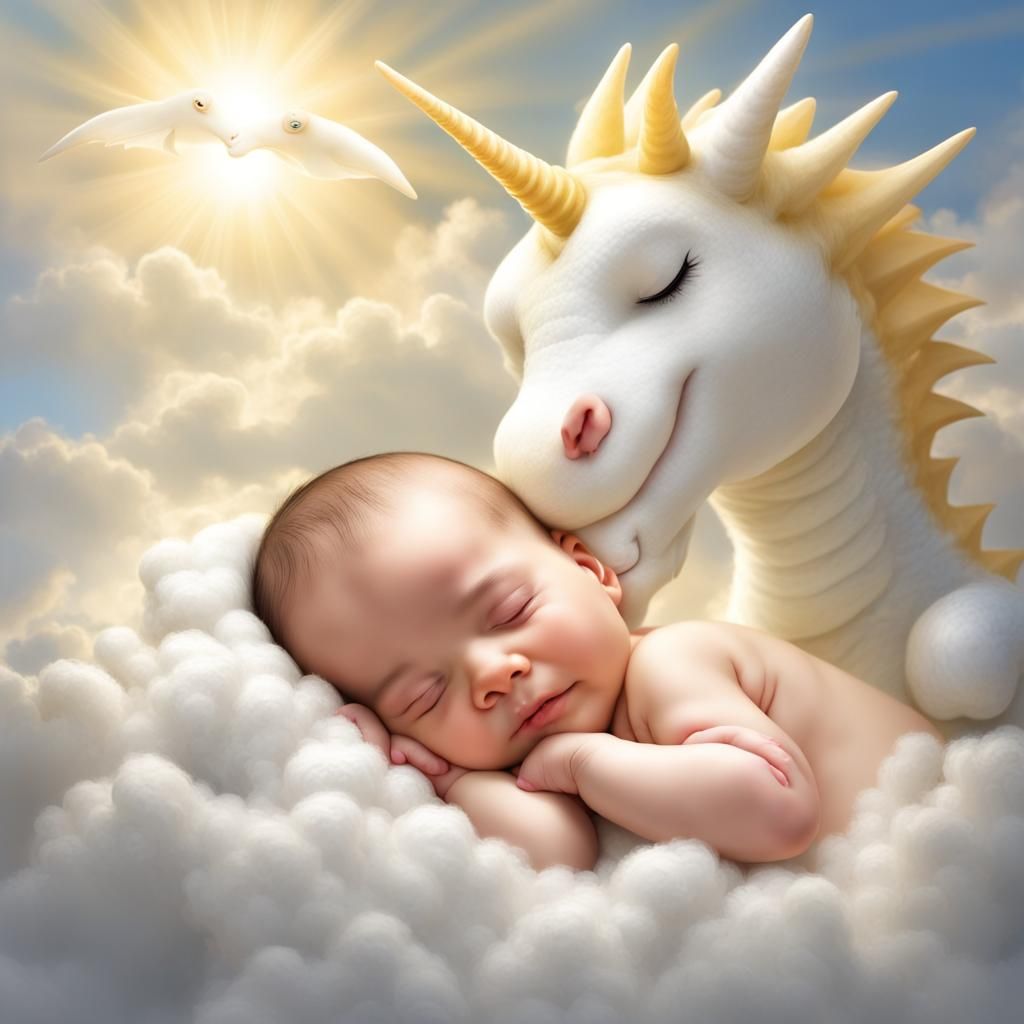 Newborn Baby with Dragon in Heavenly Sunshine