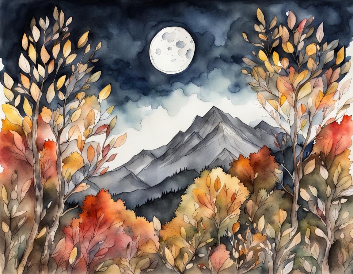 Moonlit Mountain in Watercolor and Ink