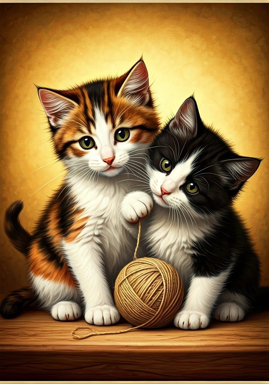 Whimsical Kittens Play with Twine in a Sun-Drenched Afternoo...