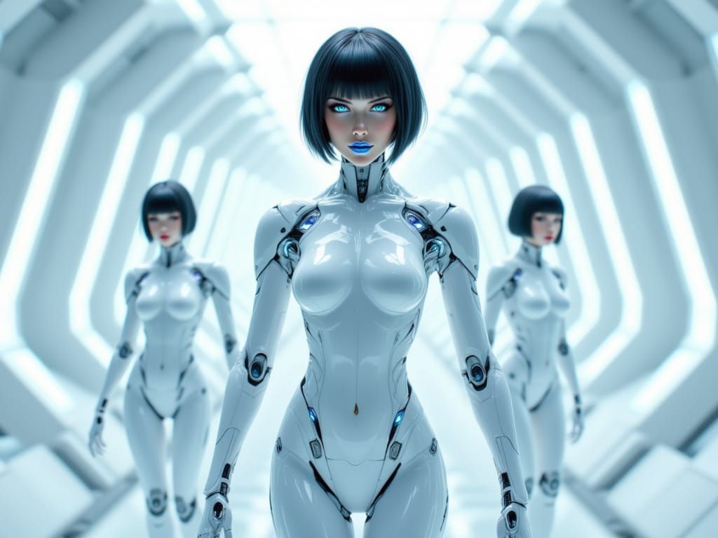 Alluring Female Android in White Latex with Blue Eyes
