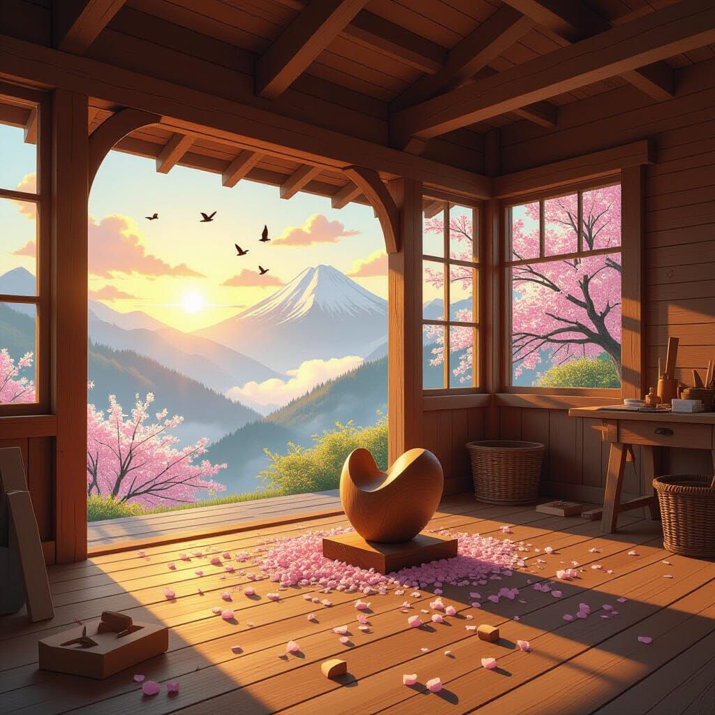 Ghibli-Style Cabin Workshop at Sunrise in Anime Art