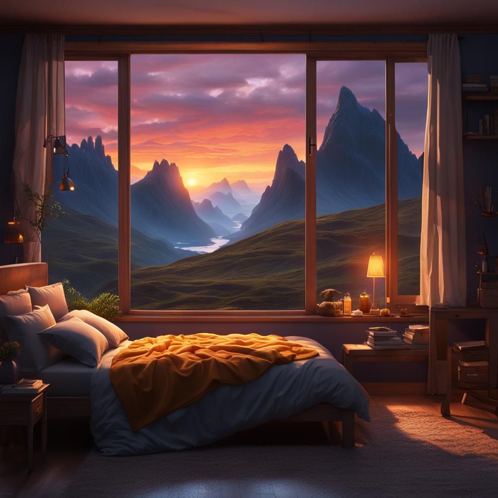 Vivid Sunset Through Bedroom Window: Matte Painting
