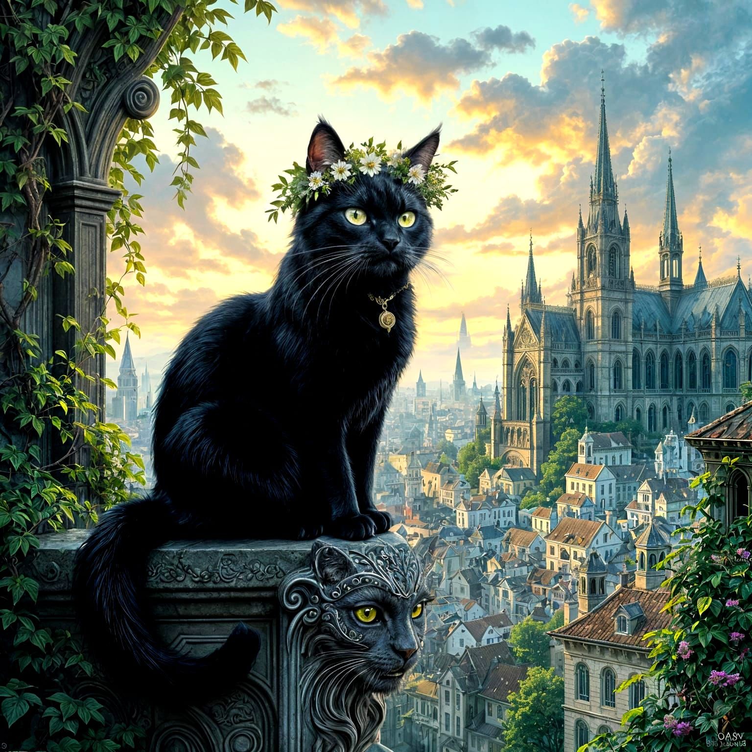 Regal Black Cat Surveys Gothic City in Art Nouveau Style