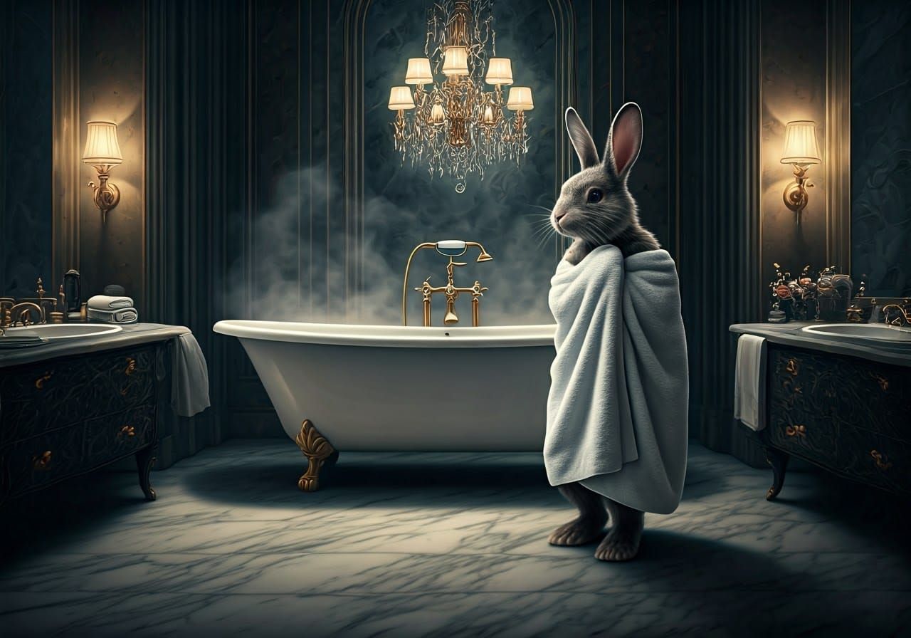 Whimsical Rabbit Soaks in Lavish Bathroom Opulence