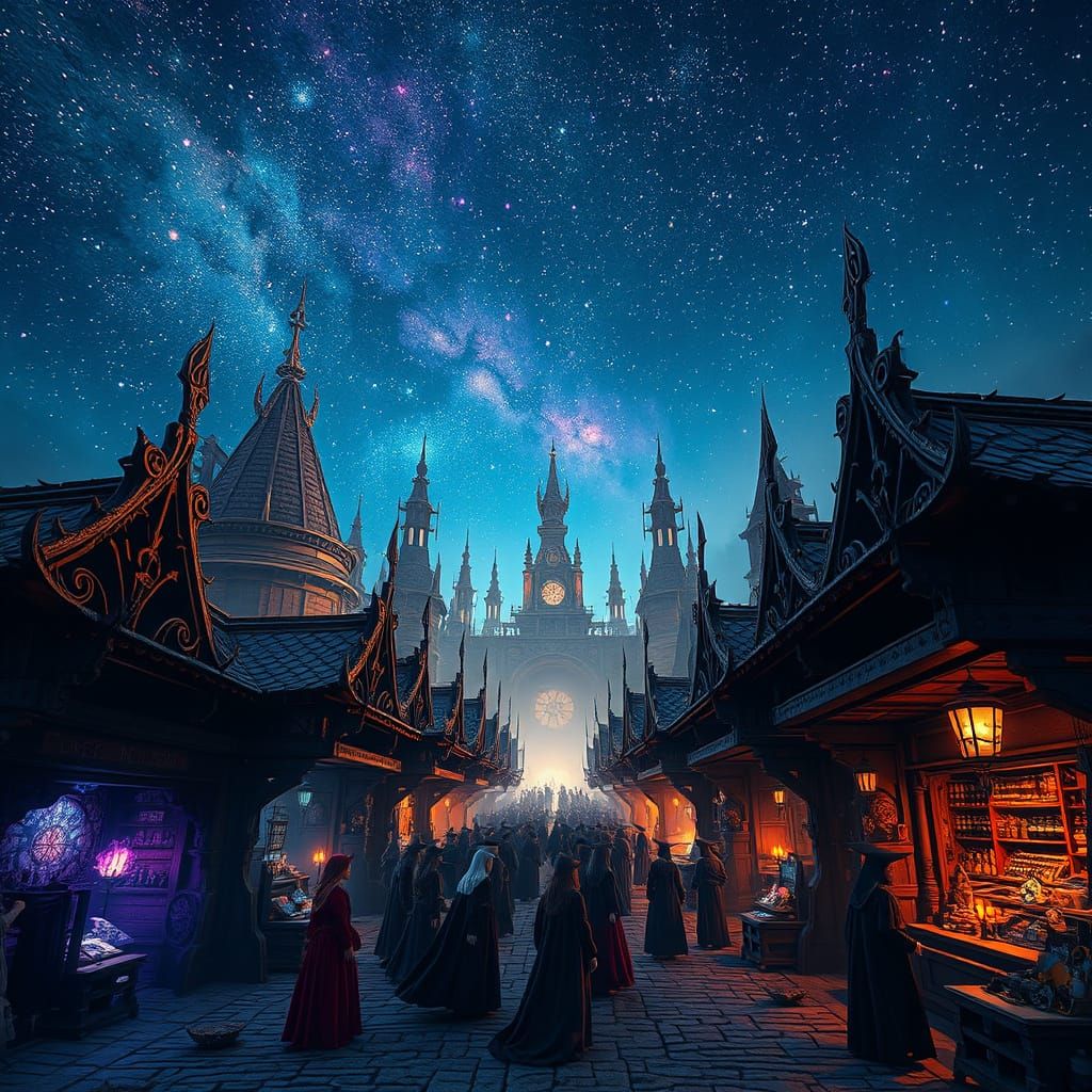 Witches Gather Under Starry Night Sky in Ancient Market