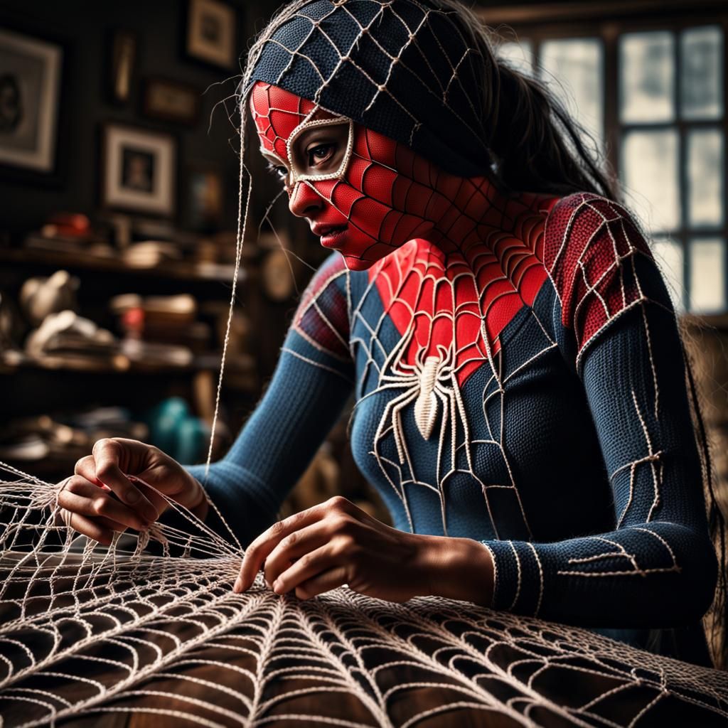 Crochet Spider-Woman Weaving Webs: Hyperrealistic Image