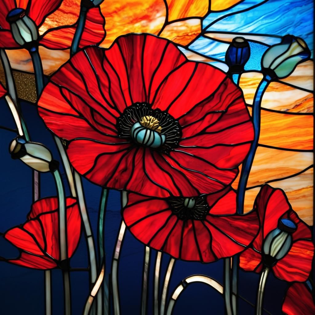 Red Poppy Flowers in Art Deco Stained Glass
