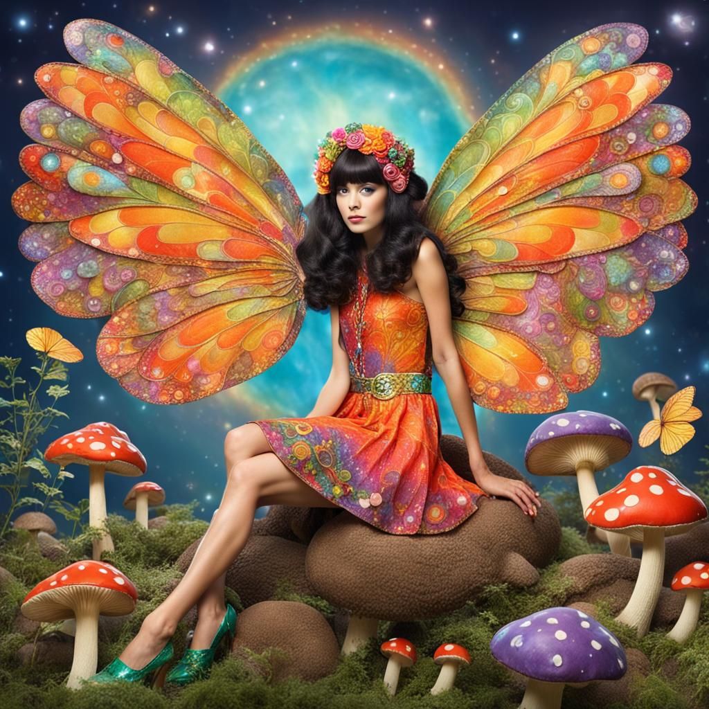Groovy 60s Fairy Sitting on Mushroom