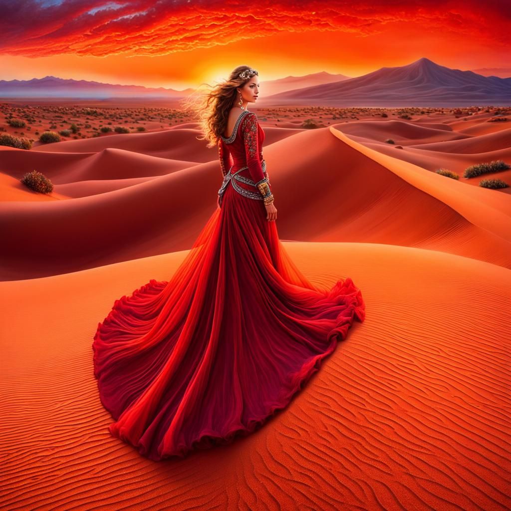 Red Sandstorm Dress: Photorealistic Desert Panorama