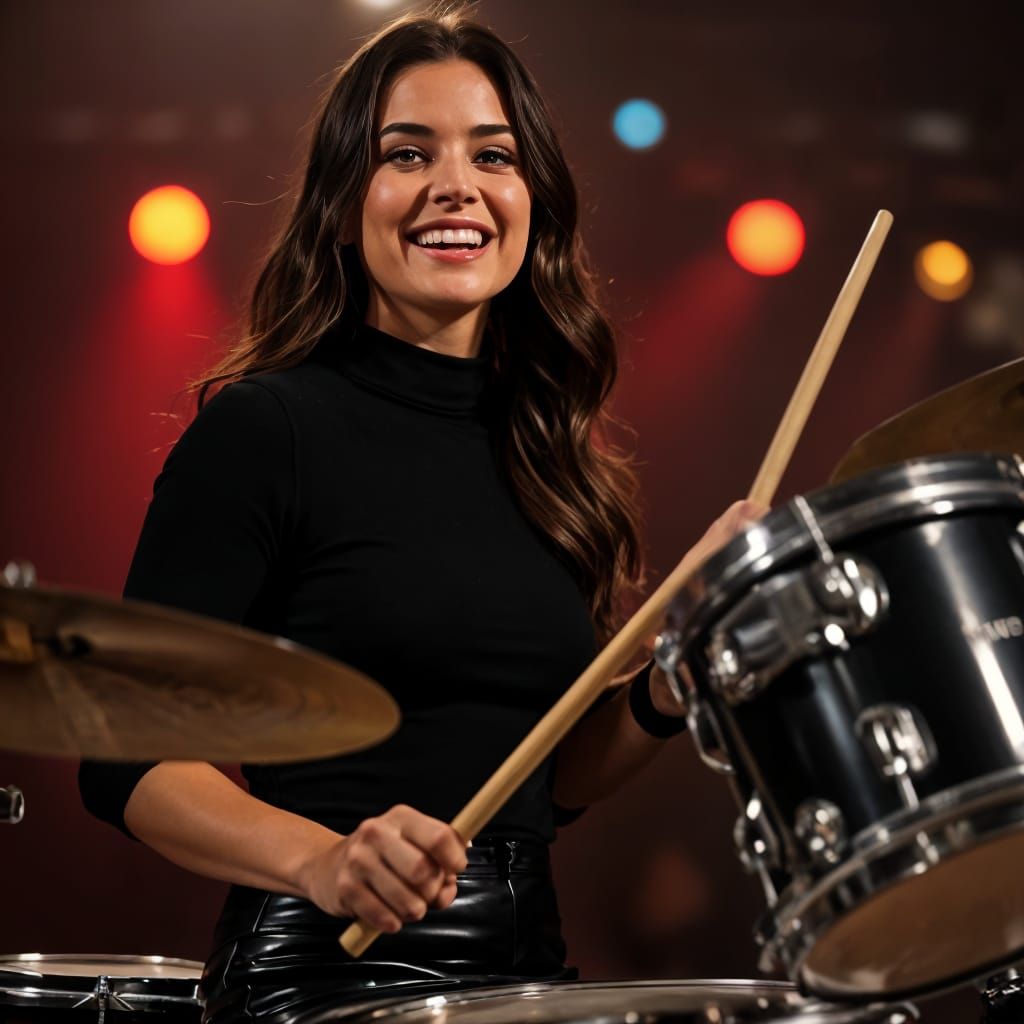 Sultry Drummer Girl in Leather Mini Skirt