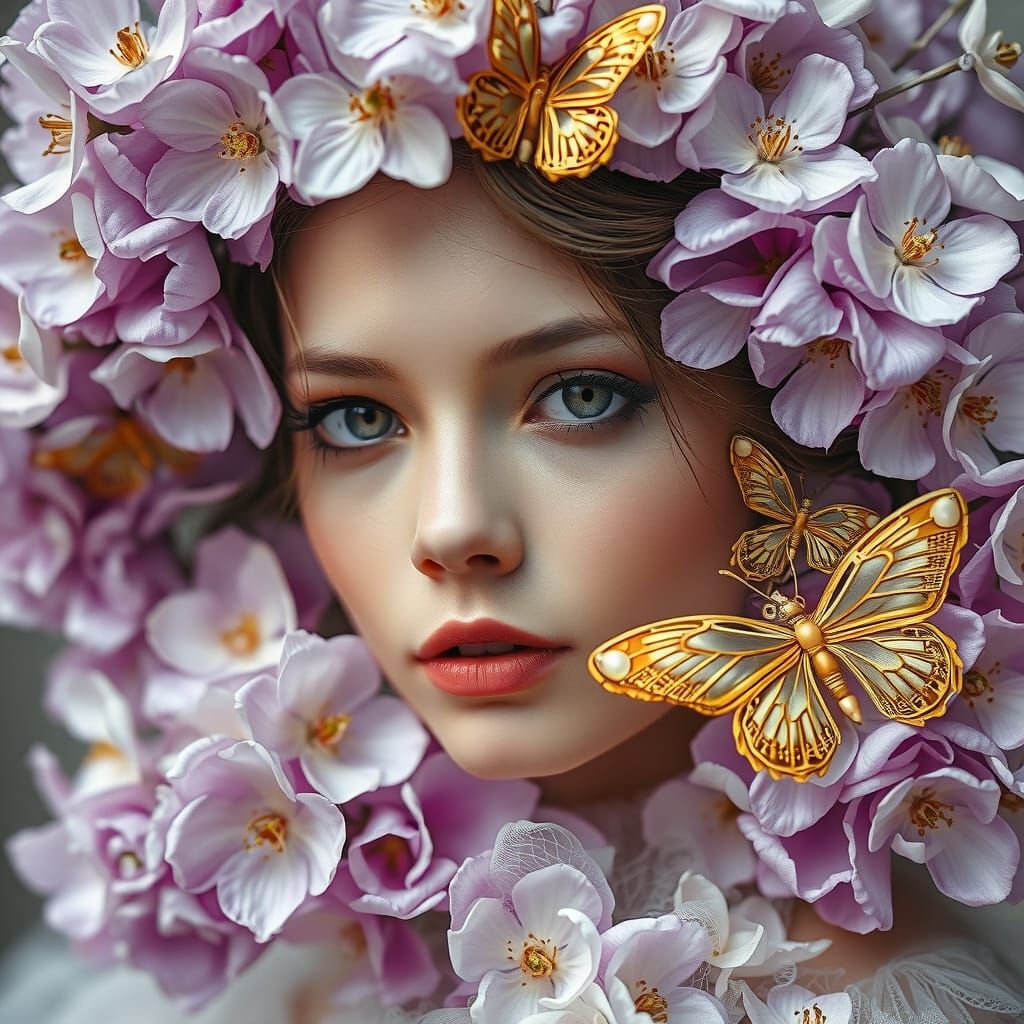 Ethereal Portrait with Silk Flowers & Golden Butterflies