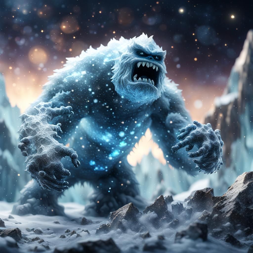an epic extremely detailed of a Snow monster fighting a rock...