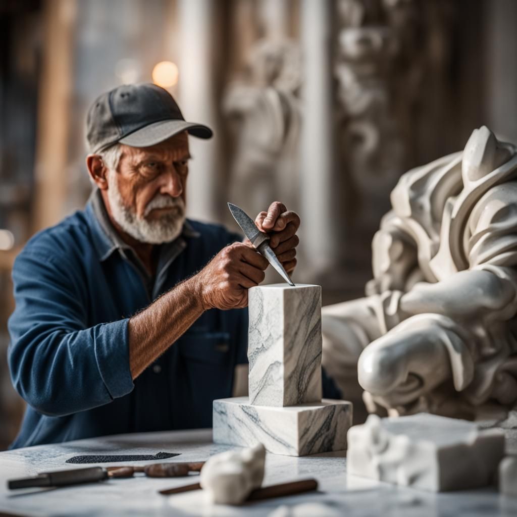 Sculptor at Work in Workshop with Chisel