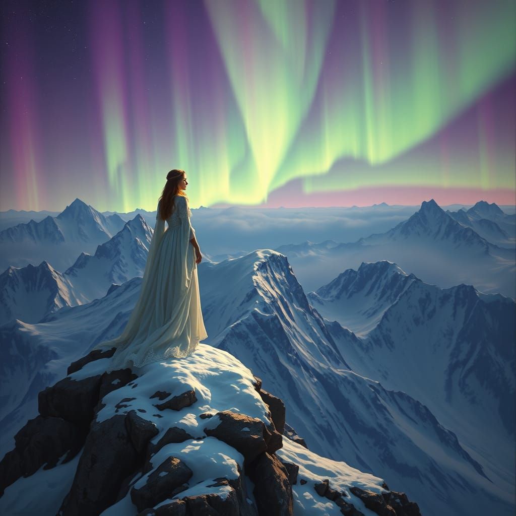 Regal Woman on Snowy Mountain Under Aurora Sky