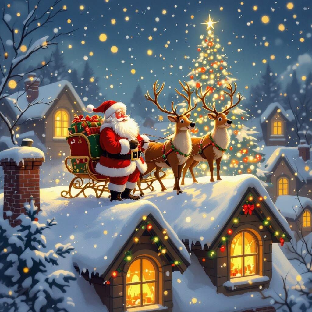 Santa and Reindeer on Snowy Rooftop in Whimsical Style