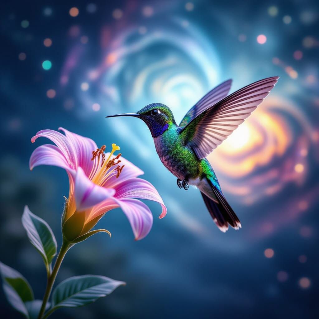 Iridescent Hummingbird Sips Nectar from Alien Flower Near Ne...